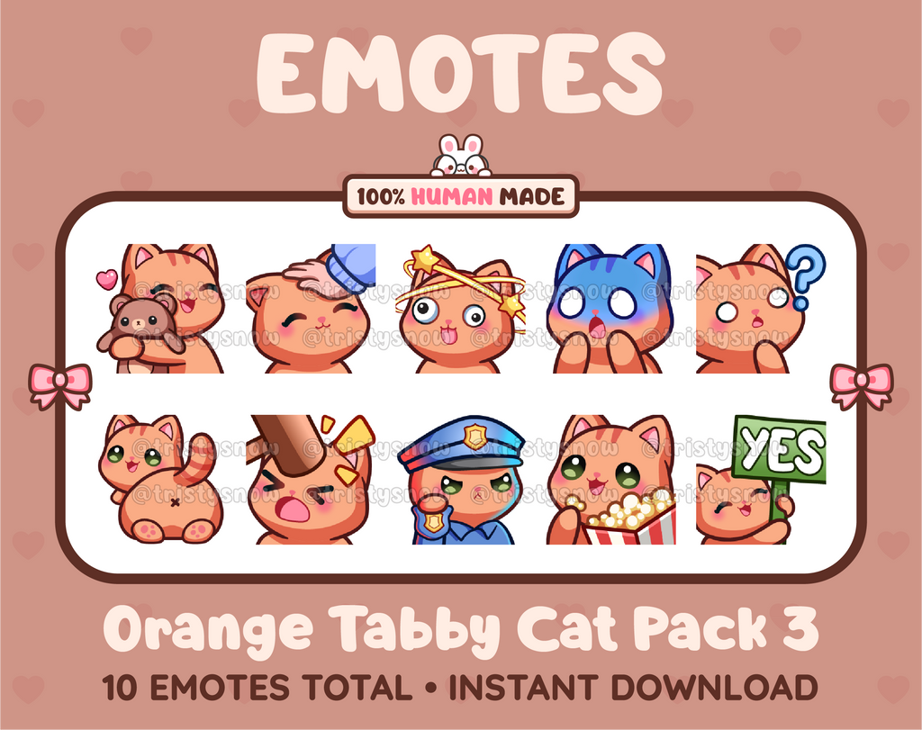 Orange Tabby Cat Twitch emote pack featuring 10 emotes including hug, scared, bonk, and popcorn.