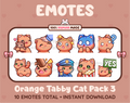 Orange Tabby Cat Twitch emote pack featuring 10 emotes including hug, scared, bonk, and popcorn.