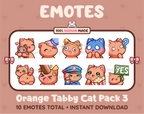 Orange Tabby Cat Twitch emote pack featuring 10 emotes including hug, scared, bonk, and popcorn.