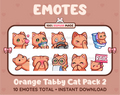 Orange Tabby Cat Twitch emote pack featuring 10 emotes including kiss, facepalm, shy, and raid.
