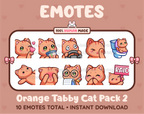 Orange Tabby Cat Twitch emote pack featuring 10 emotes including kiss, facepalm, shy, and raid.