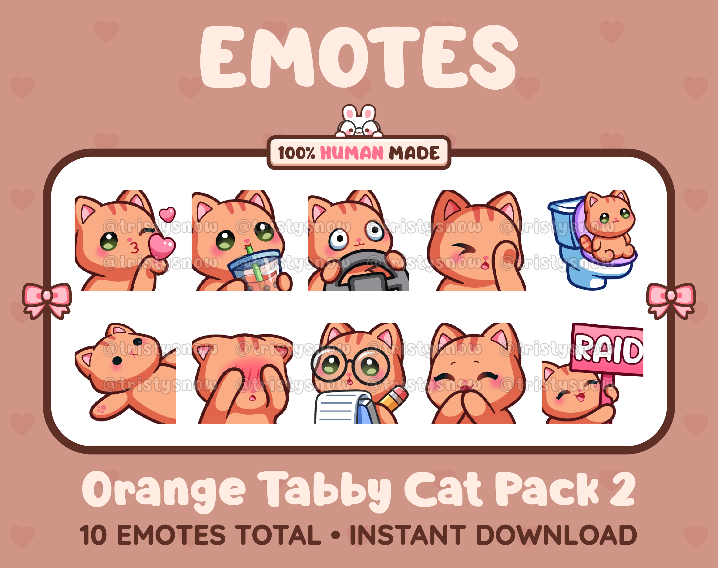 Orange Tabby Cat Twitch emote pack featuring 10 emotes including kiss, facepalm, shy, and raid.