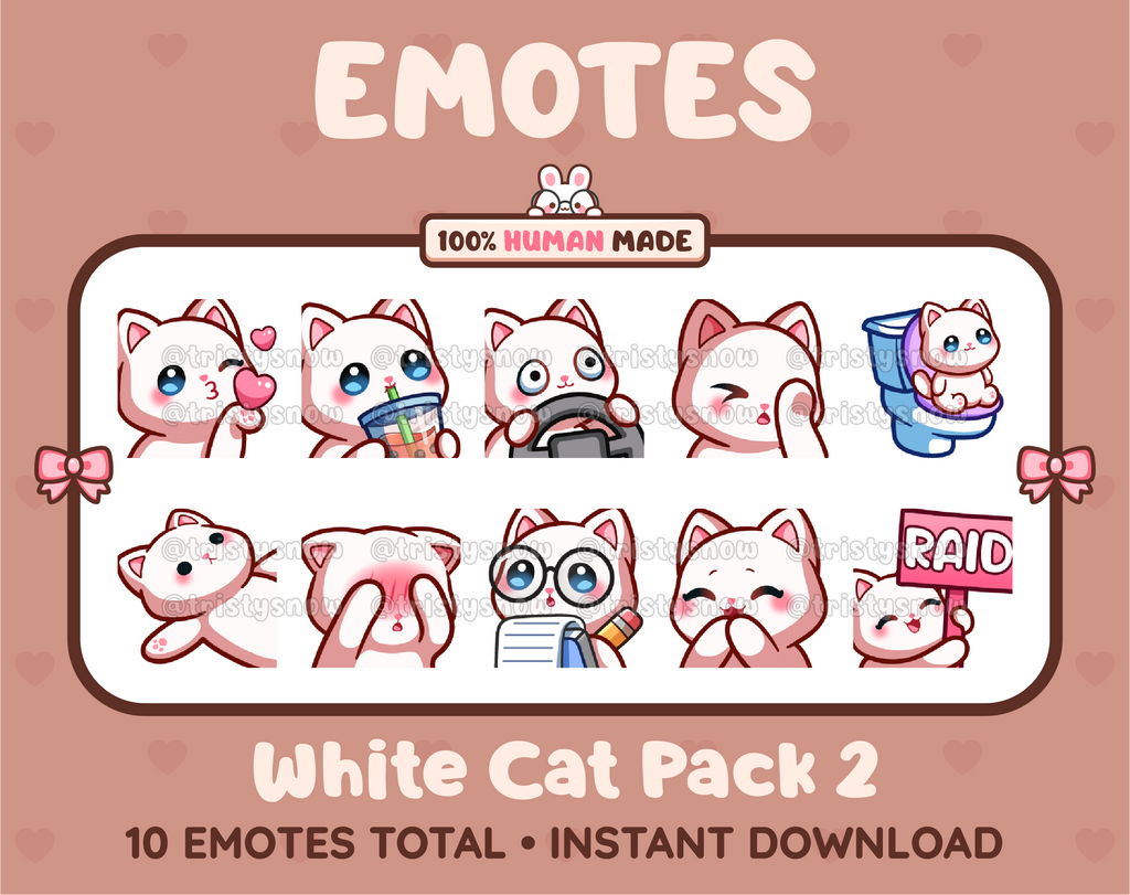 White Cat Twitch emote pack featuring 10 emotes including kiss, facepalm, shy, and raid.