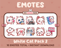 White Cat Twitch emote pack featuring 10 emotes including kiss, facepalm, shy, and raid.