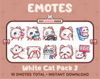 White Cat Twitch emote pack featuring 10 emotes including kiss, facepalm, shy, and raid.