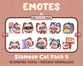 Siamese Cat Twitch emote pack featuring 10 emotes including flower, cool, plead, and lurk.