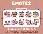 Siamese Cat Twitch emote pack featuring 10 emotes including flower, cool, plead, and lurk.