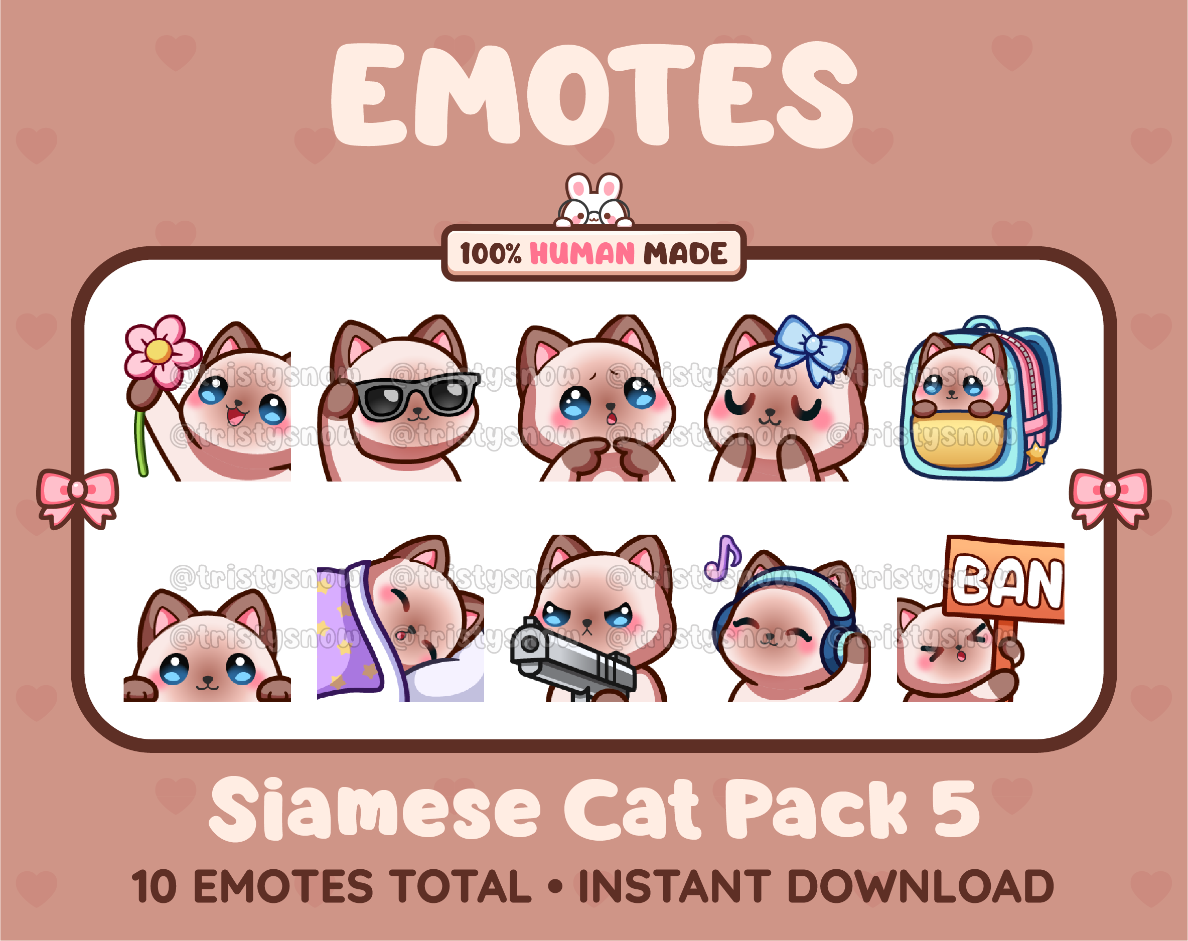 Siamese Cat Twitch emote pack featuring 10 emotes including flower, cool, plead, and lurk.