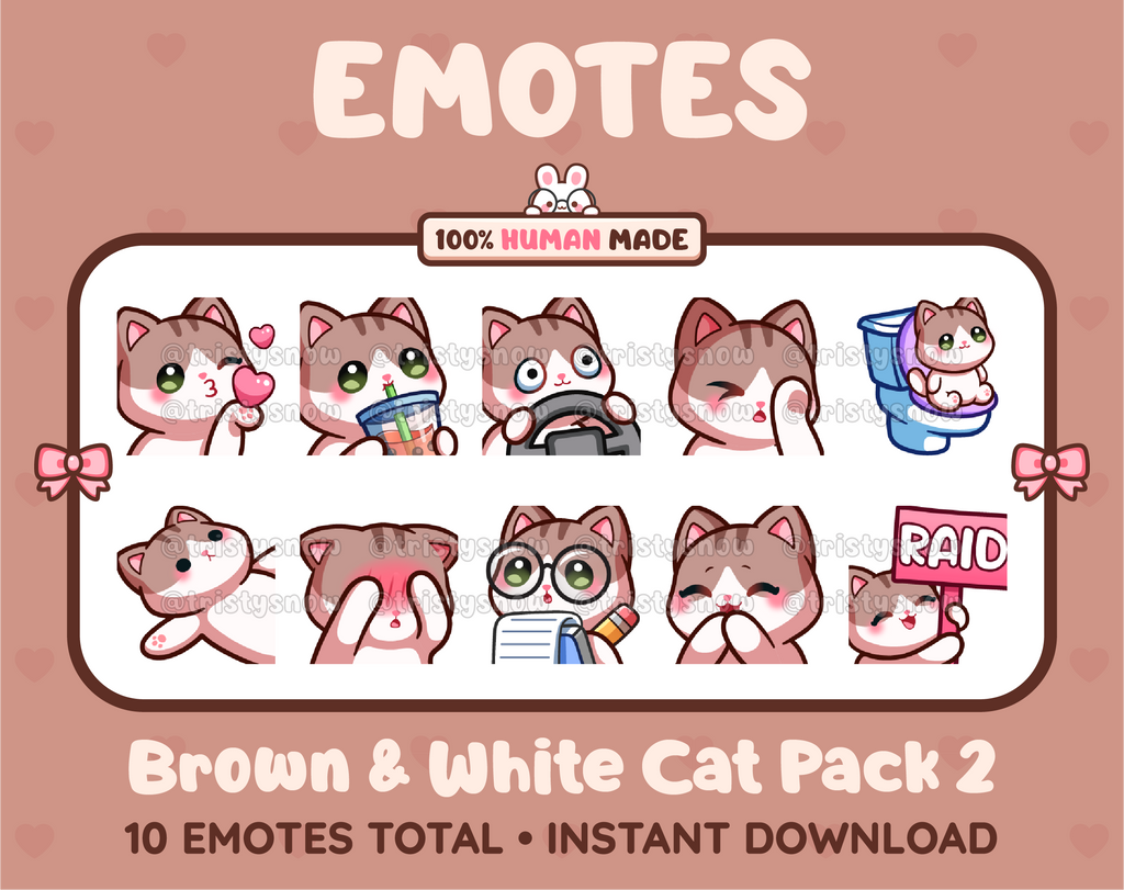 Brown & White Cat Twitch emote pack featuring 10 emotes including kiss, facepalm, shy, and raid.