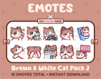 Brown & White Cat Twitch emote pack featuring 10 emotes including kiss, facepalm, shy, and raid.