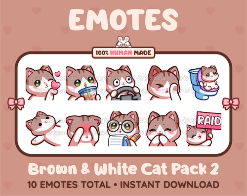 Brown & White Cat Twitch emote pack featuring 10 emotes including kiss, facepalm, shy, and raid.