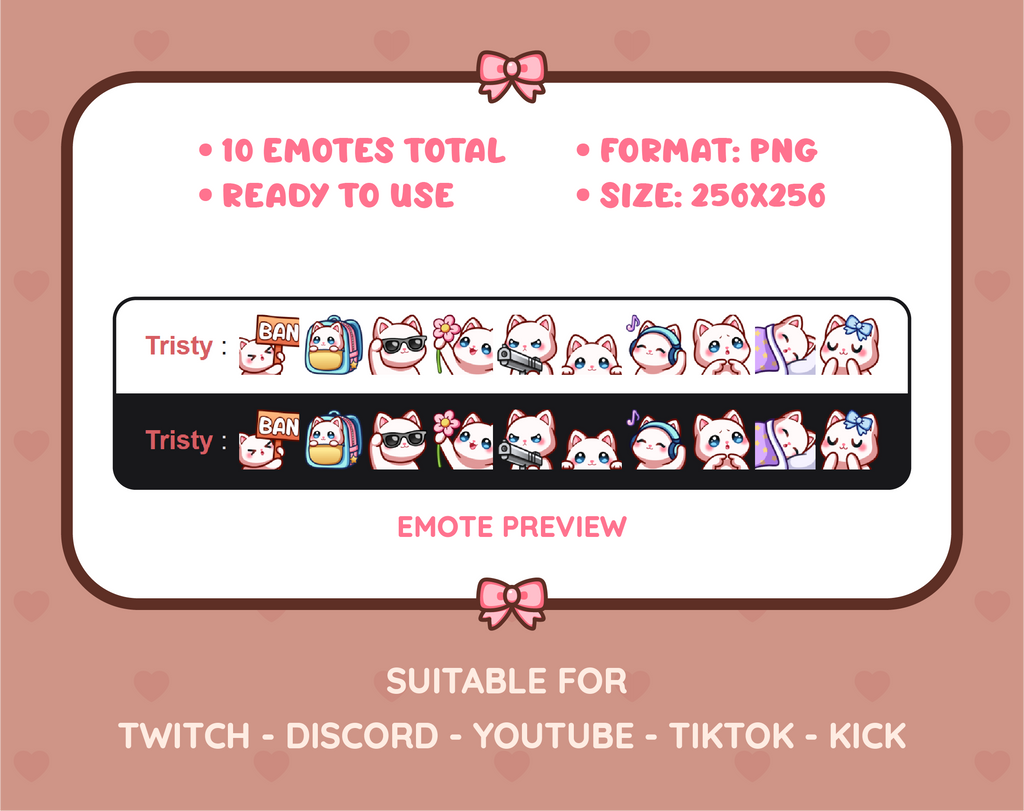 White Cat Twitch emote pack preview displaying all 10 emotes with format and size information.