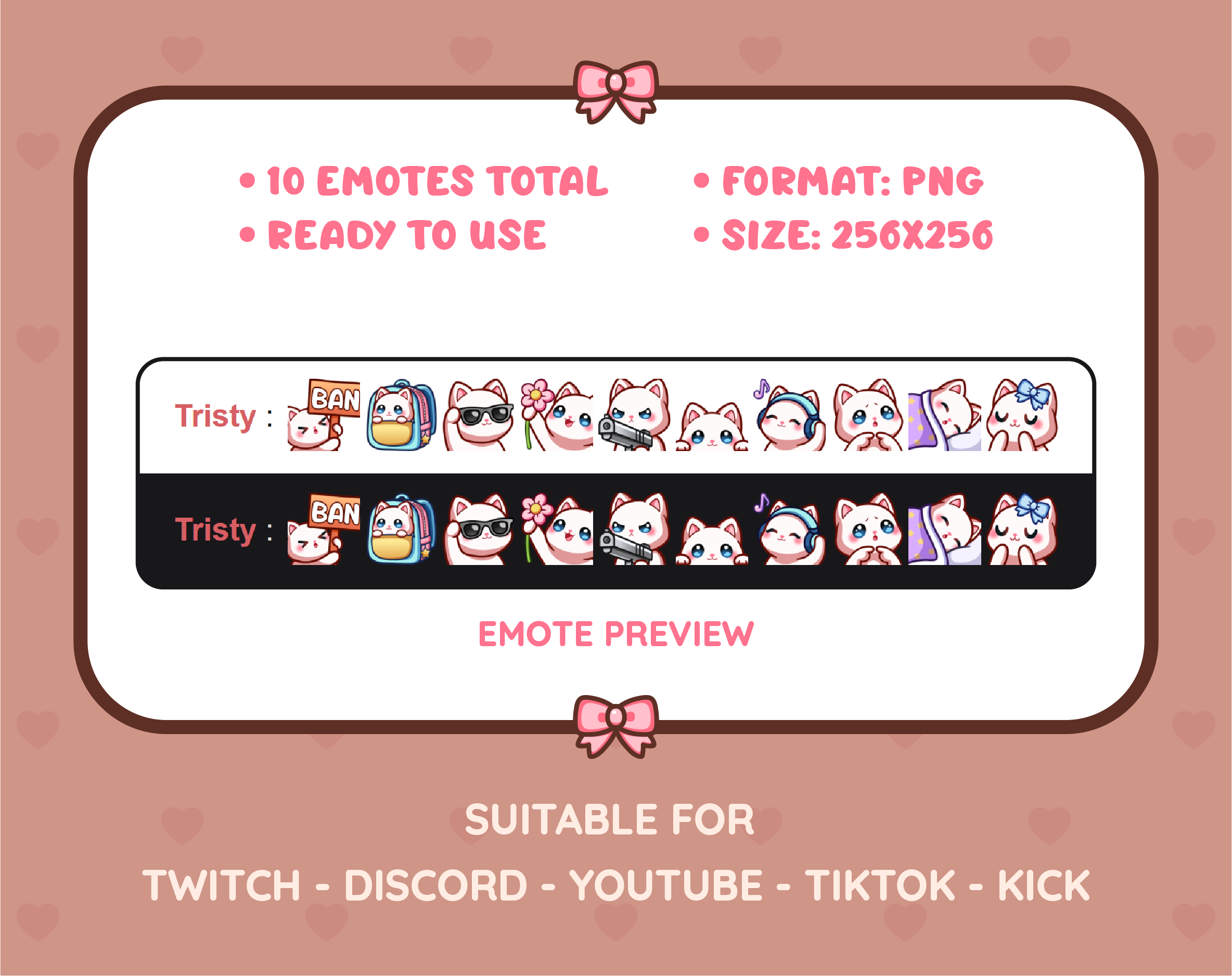 White Cat Twitch emote pack preview displaying all 10 emotes with format and size information.
