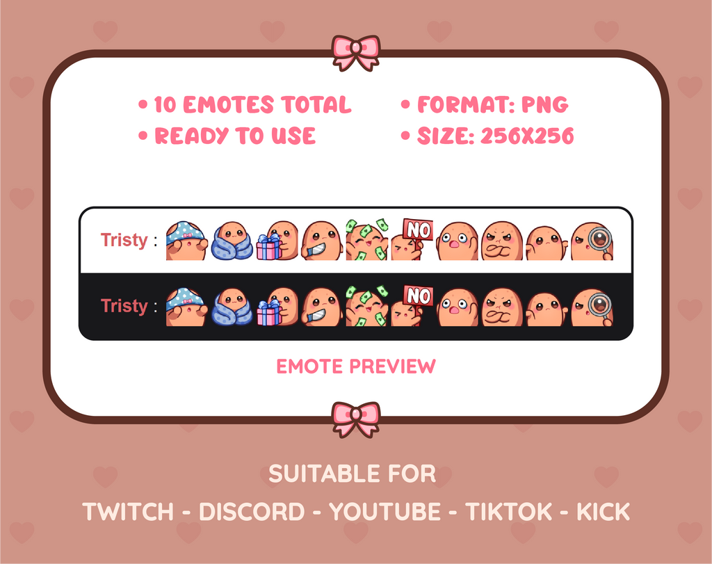 Potato Twitch emote pack preview displaying all 10 emotes with format and size information.