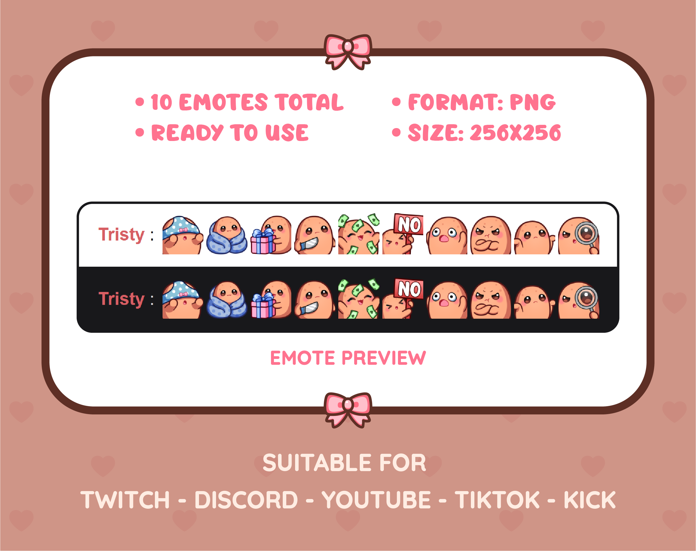 Potato Twitch emote pack preview displaying all 10 emotes with format and size information.