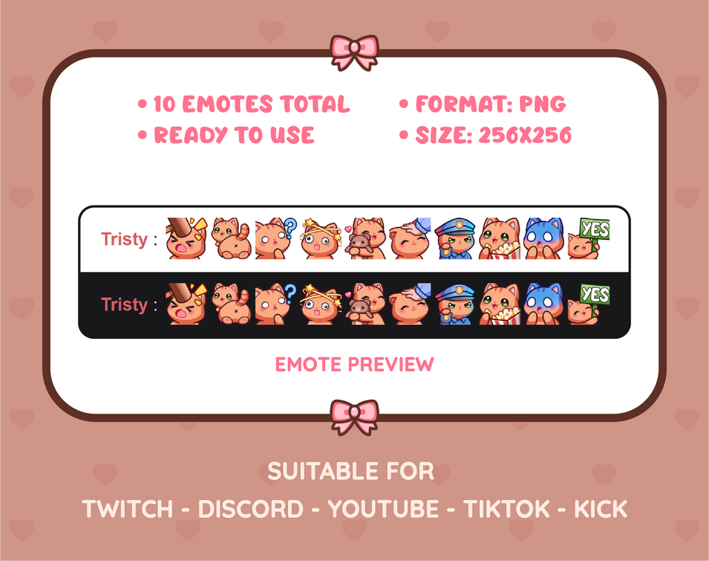 Orange Tabby Cat Twitch emote pack preview displaying all 10 emotes with format and size information.