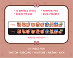 Orange Tabby Cat Twitch emote pack preview displaying all 10 emotes with format and size information.