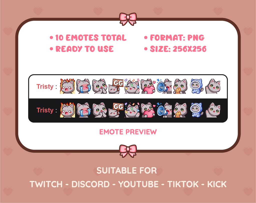 Gray Tabby Cat Twitch emote pack preview displaying all 10 emotes with format and size information.