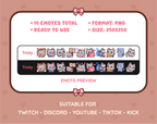 Gray Tabby Cat Twitch emote pack preview displaying all 10 emotes with format and size information.