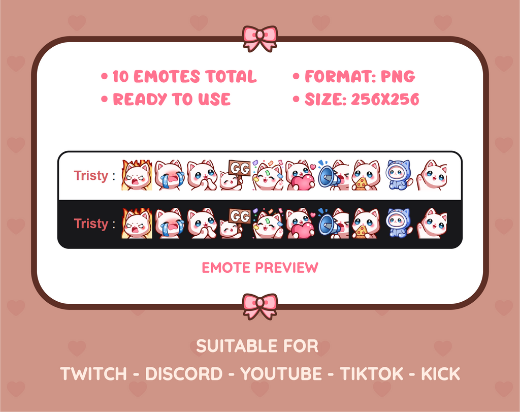 White Cat Twitch emote pack preview displaying all 10 emotes with format and size information.