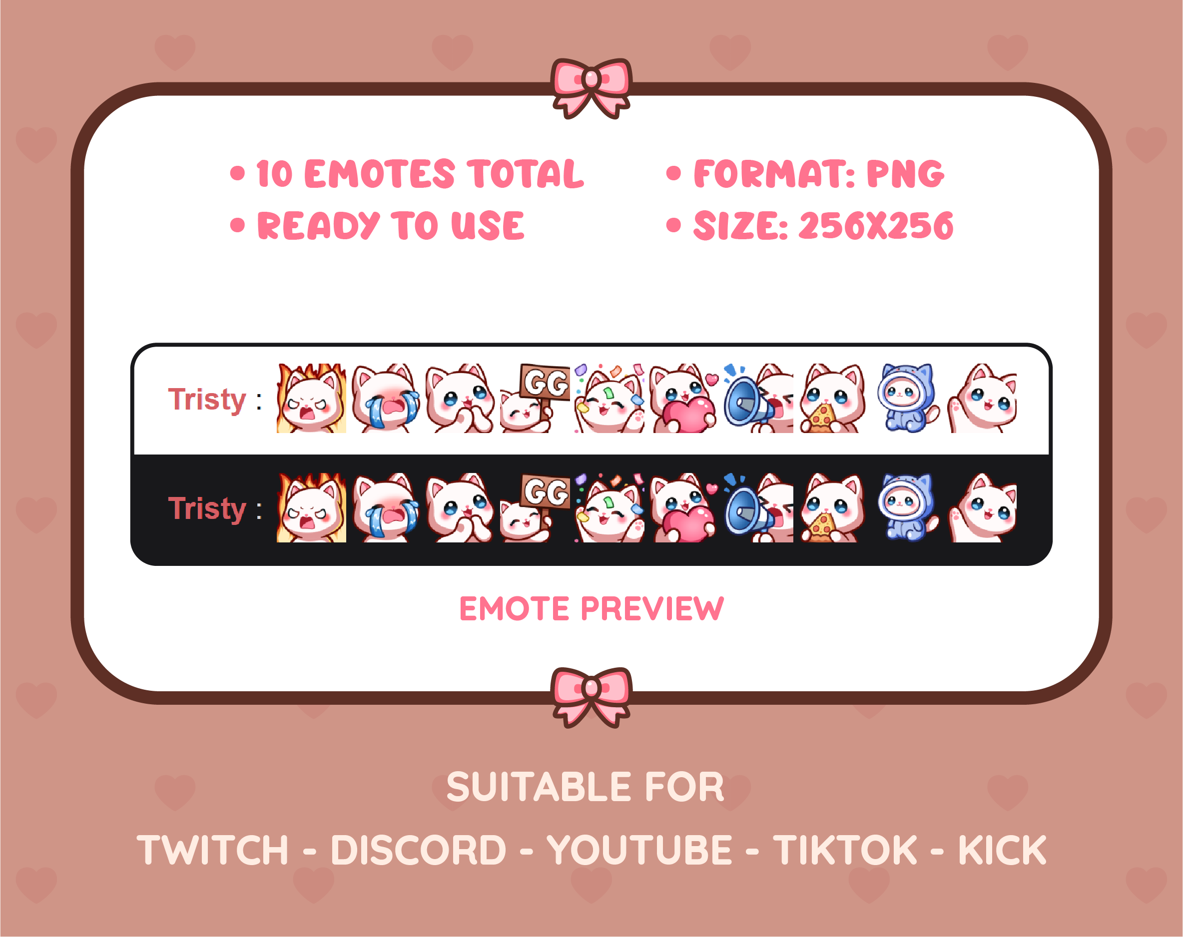 White Cat Twitch emote pack preview displaying all 10 emotes with format and size information.