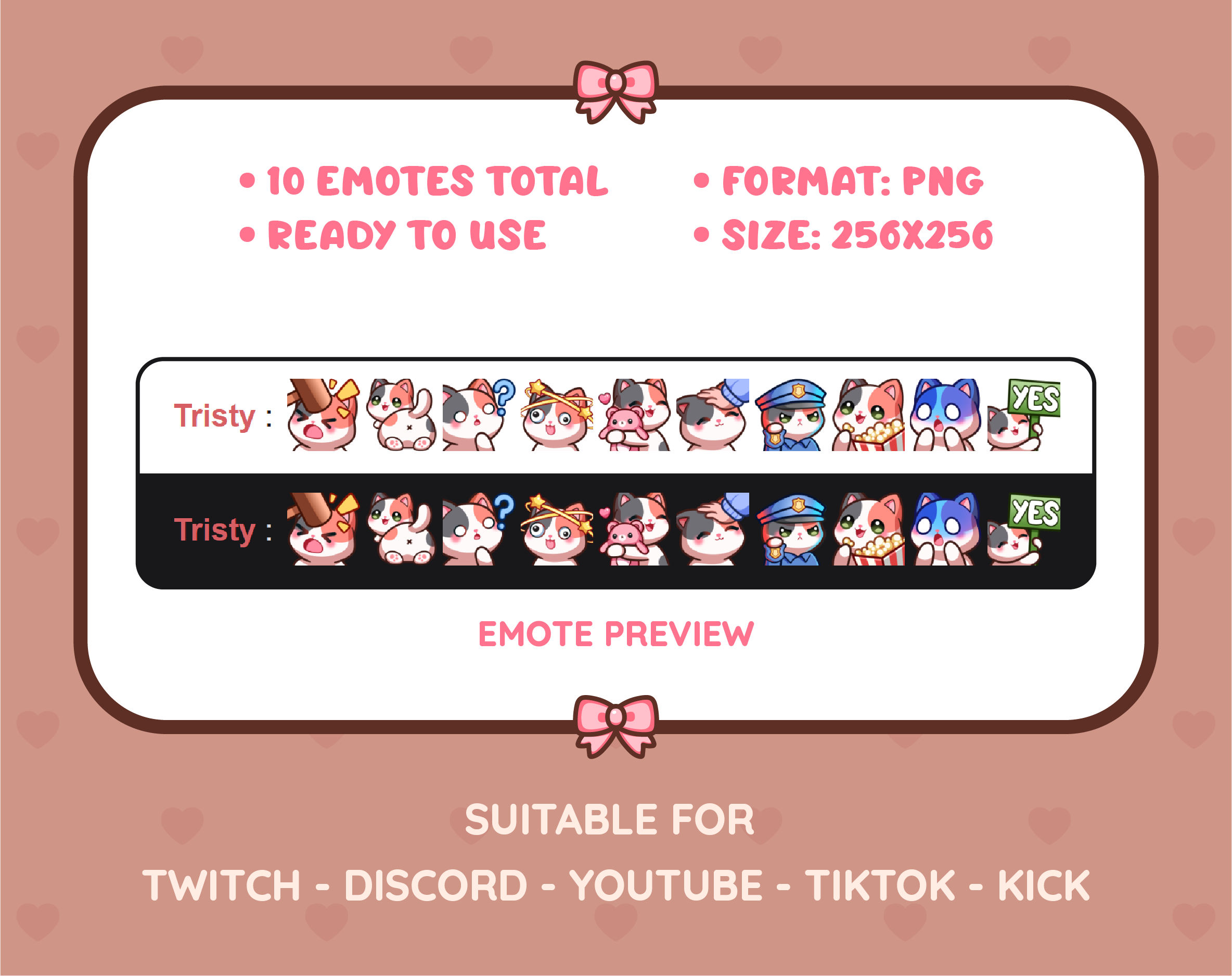 Calico Cat Twitch emote pack preview displaying all 10 emotes with format and size information.