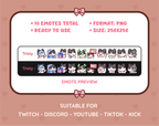 Black and White Cat Twitch emote pack preview displaying all 10 emotes with format and size information.