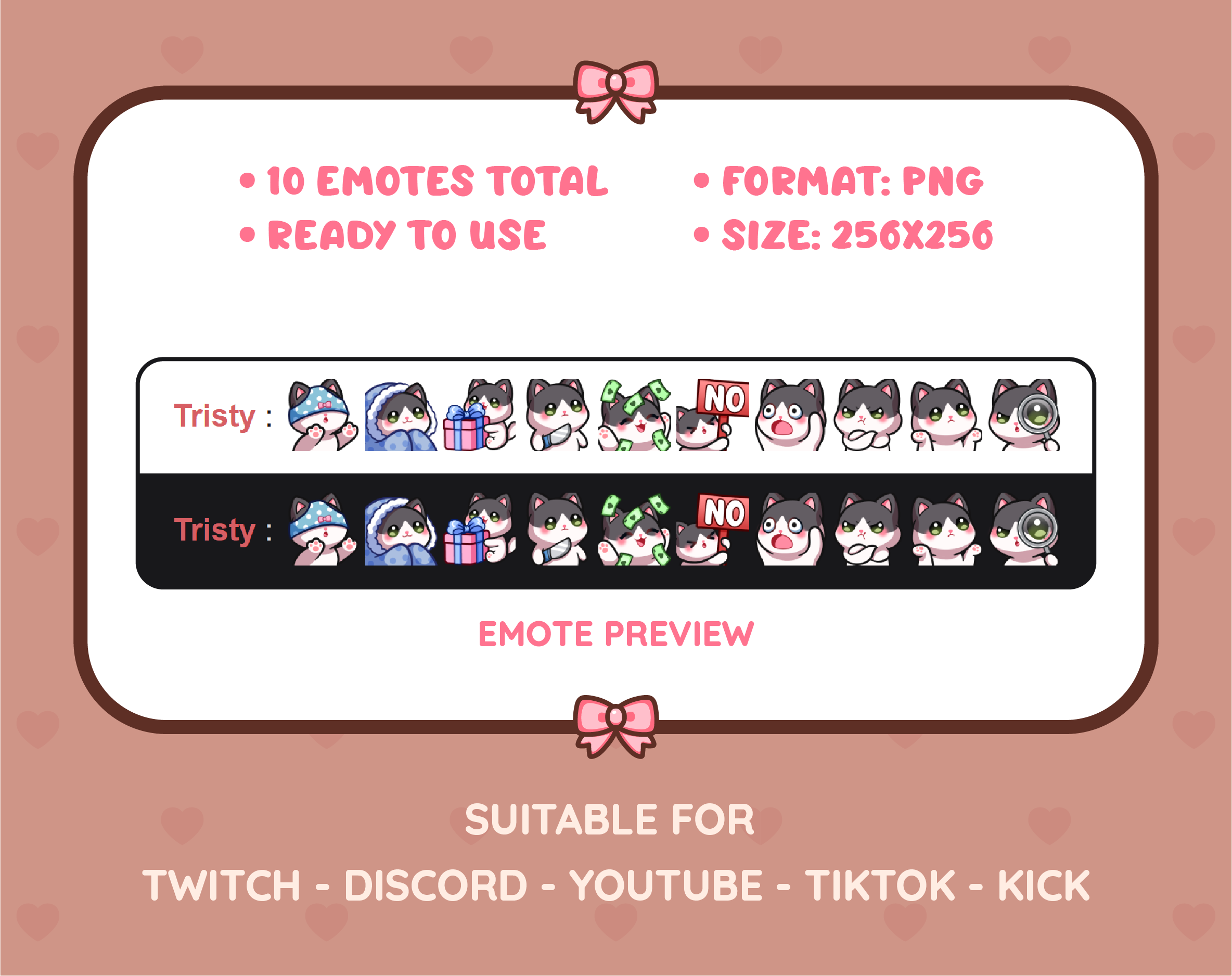 Black and White Cat Twitch emote pack preview displaying all 10 emotes with format and size information.