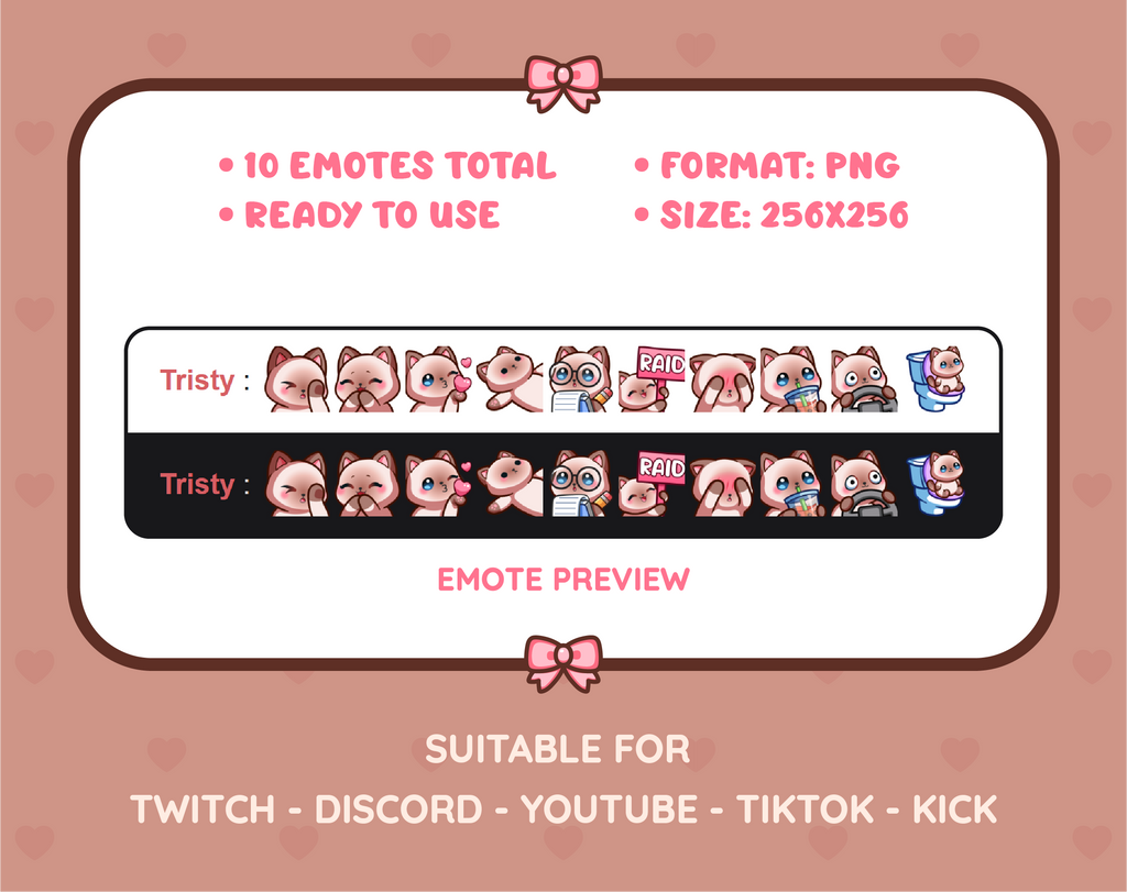 Siamese Cat Twitch emote pack preview displaying all 10 emotes with format and size information.