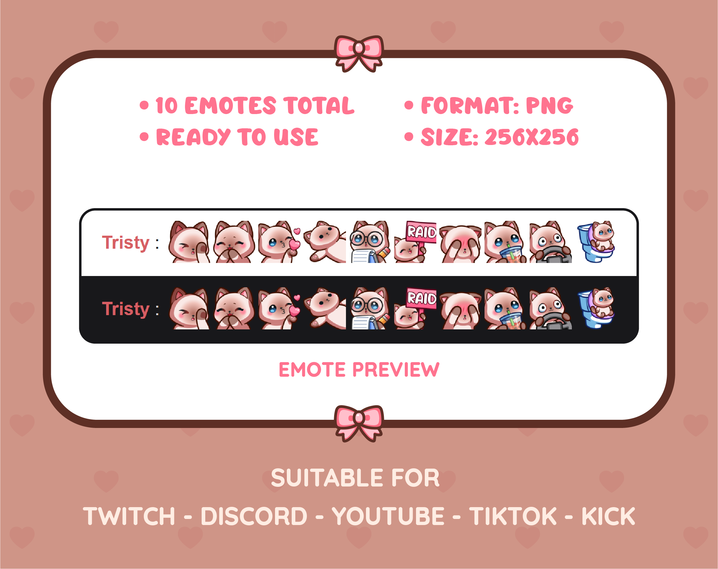 Siamese Cat Twitch emote pack preview displaying all 10 emotes with format and size information.