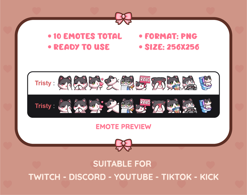 Black and White Cat Twitch emote pack preview displaying all 10 emotes with format and size information.