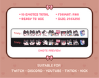 Black and White Cat Twitch emote pack preview displaying all 10 emotes with format and size information.