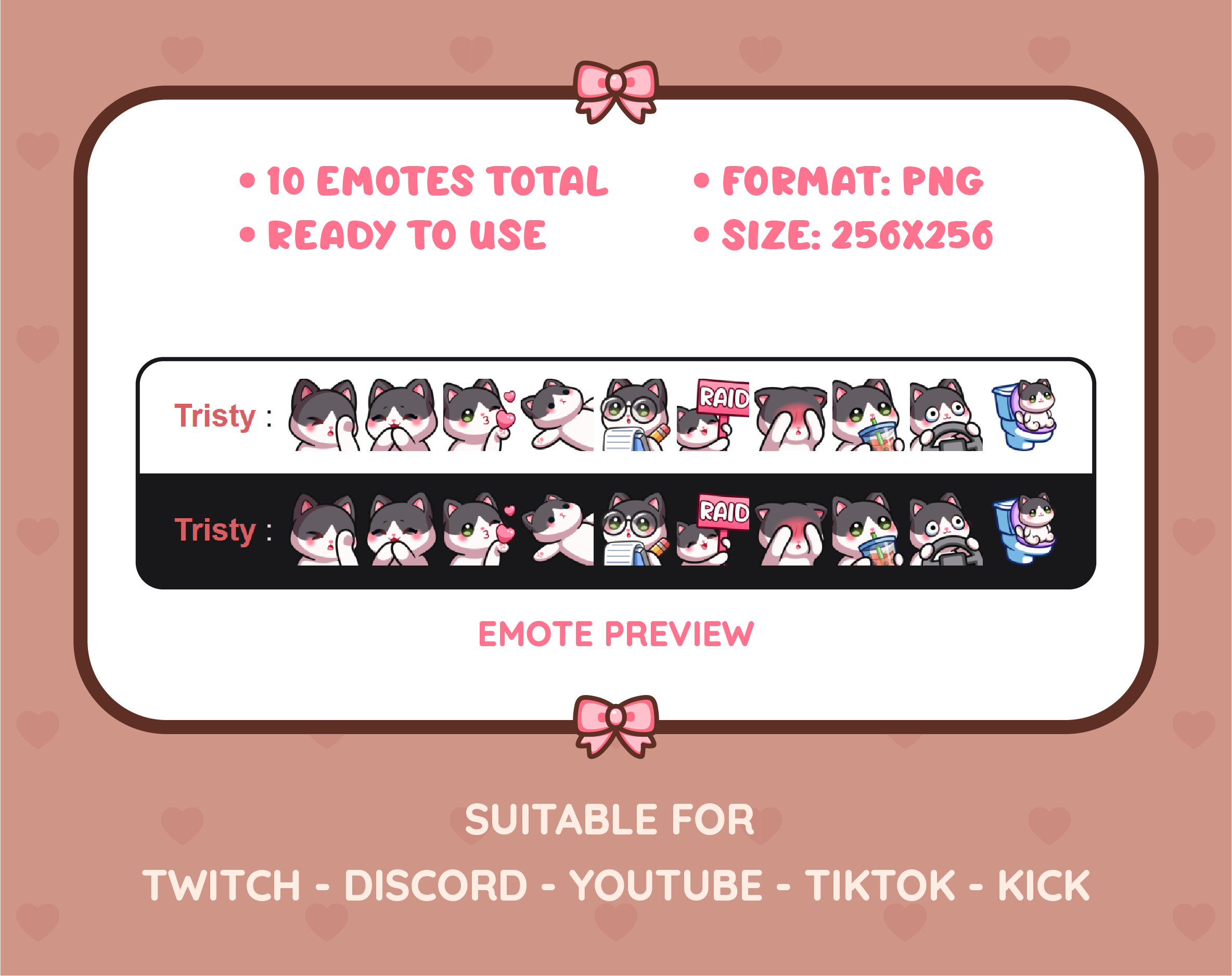 Black and White Cat Twitch emote pack preview displaying all 10 emotes with format and size information.