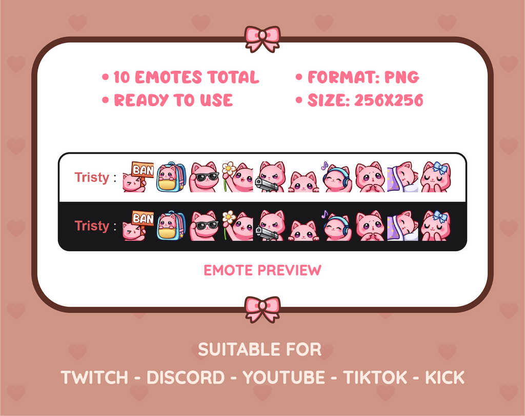 Pink Cat Twitch emote pack preview displaying all 10 emotes with format and size information.
