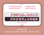 Pink Cat Twitch emote pack preview displaying all 10 emotes with format and size information.