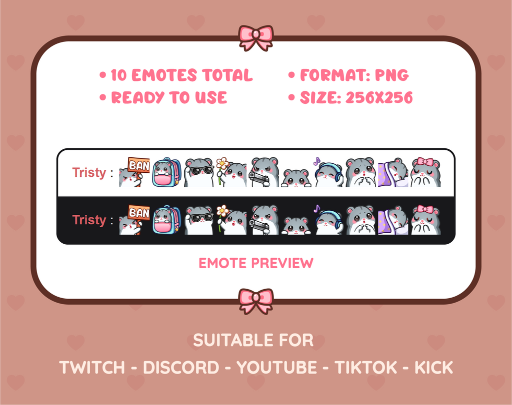 Gray Hamster Twitch emote pack preview displaying all 10 emotes with format and size information.