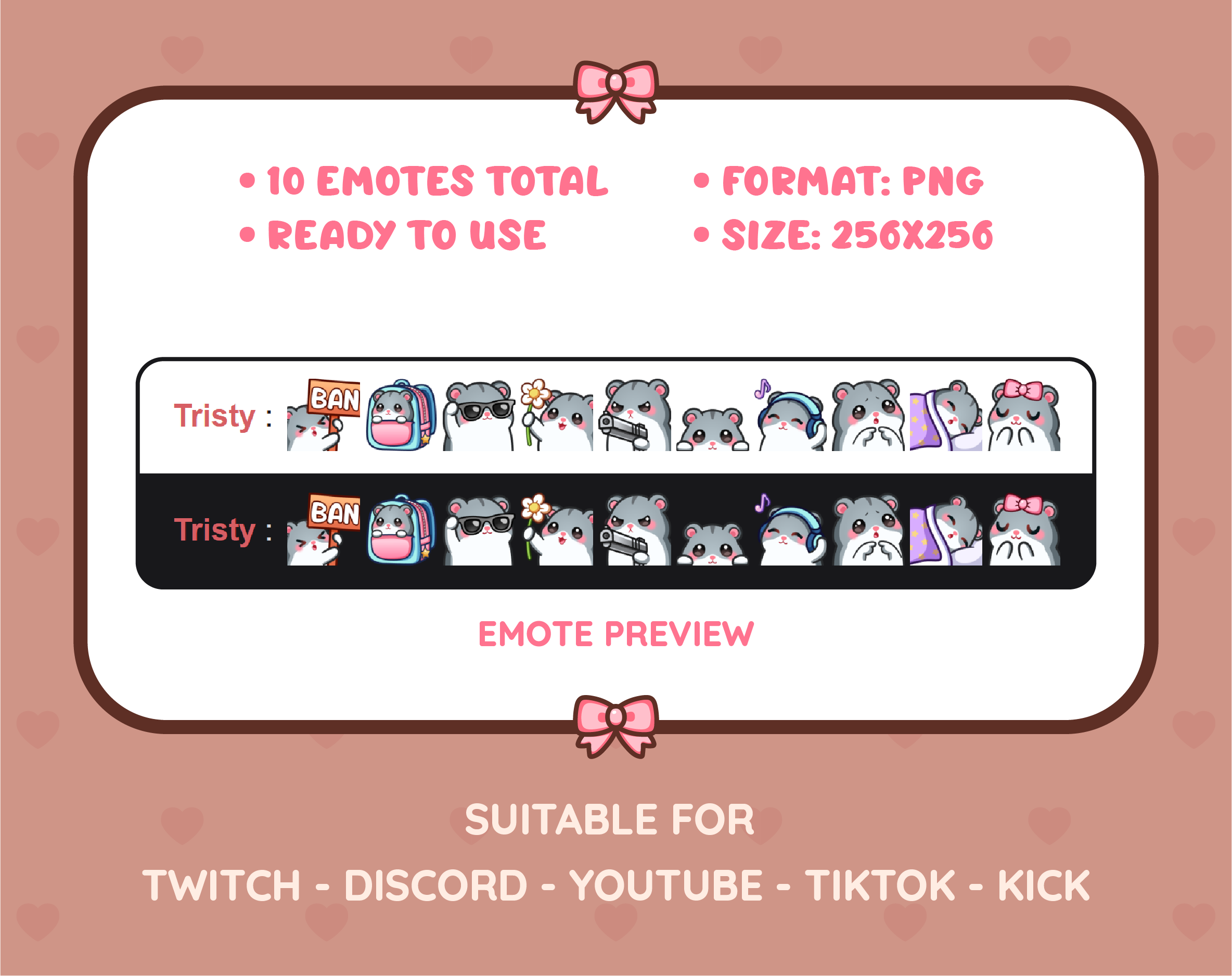 Gray Hamster Twitch emote pack preview displaying all 10 emotes with format and size information.