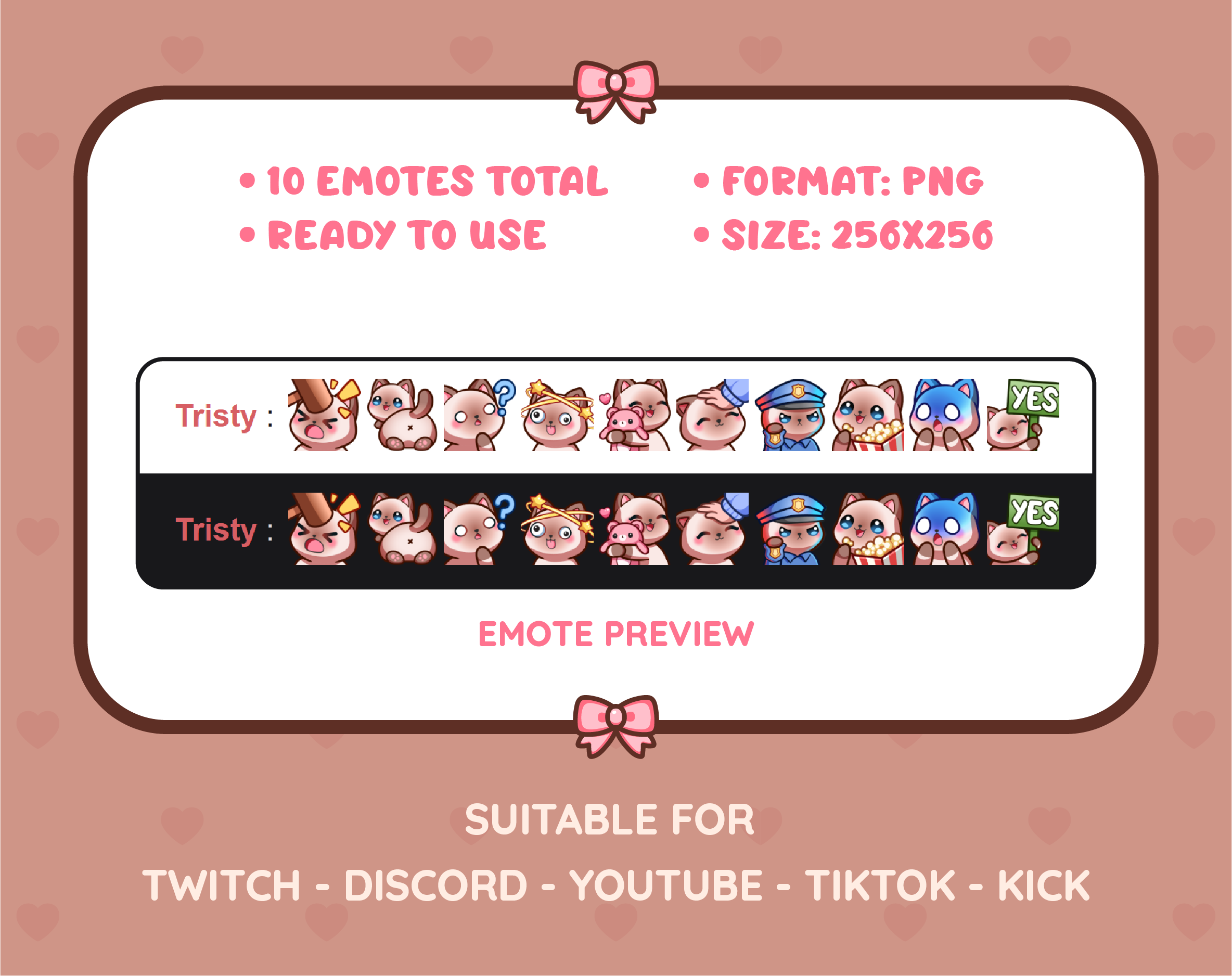 Siamese Cat Twitch emote pack preview displaying all 10 emotes with format and size information.
