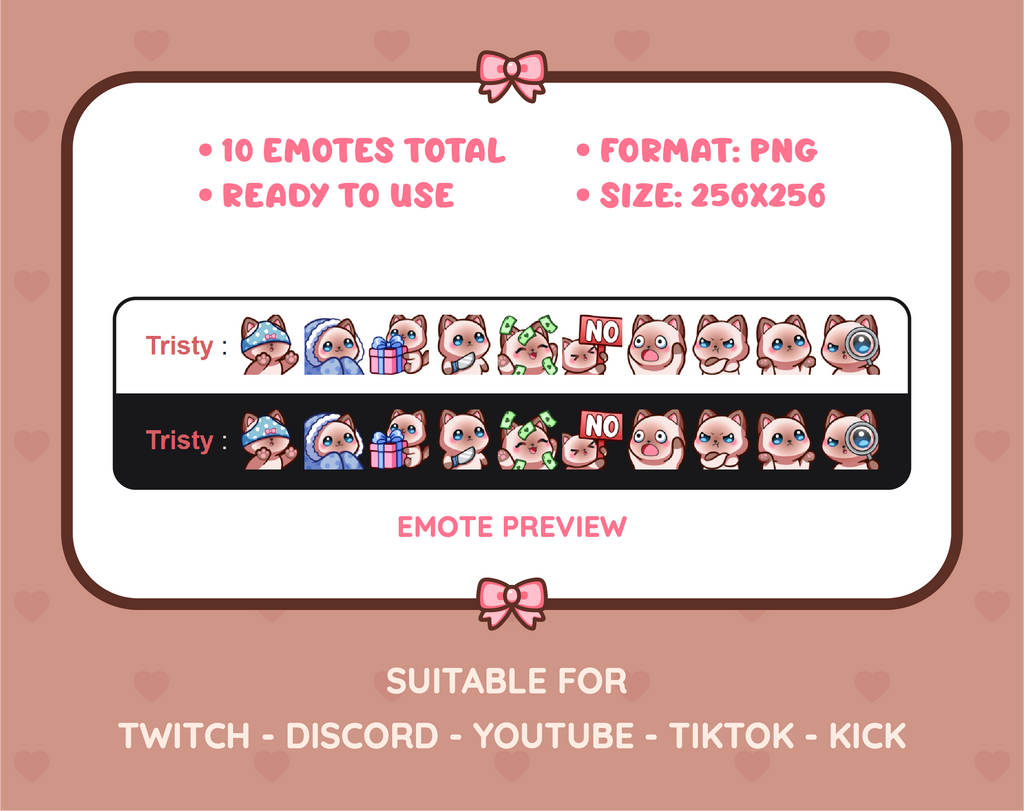 Siamese Cat Twitch emote pack preview displaying all 10 emotes with format and size information.