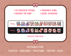 Siamese Cat Twitch emote pack preview displaying all 10 emotes with format and size information.