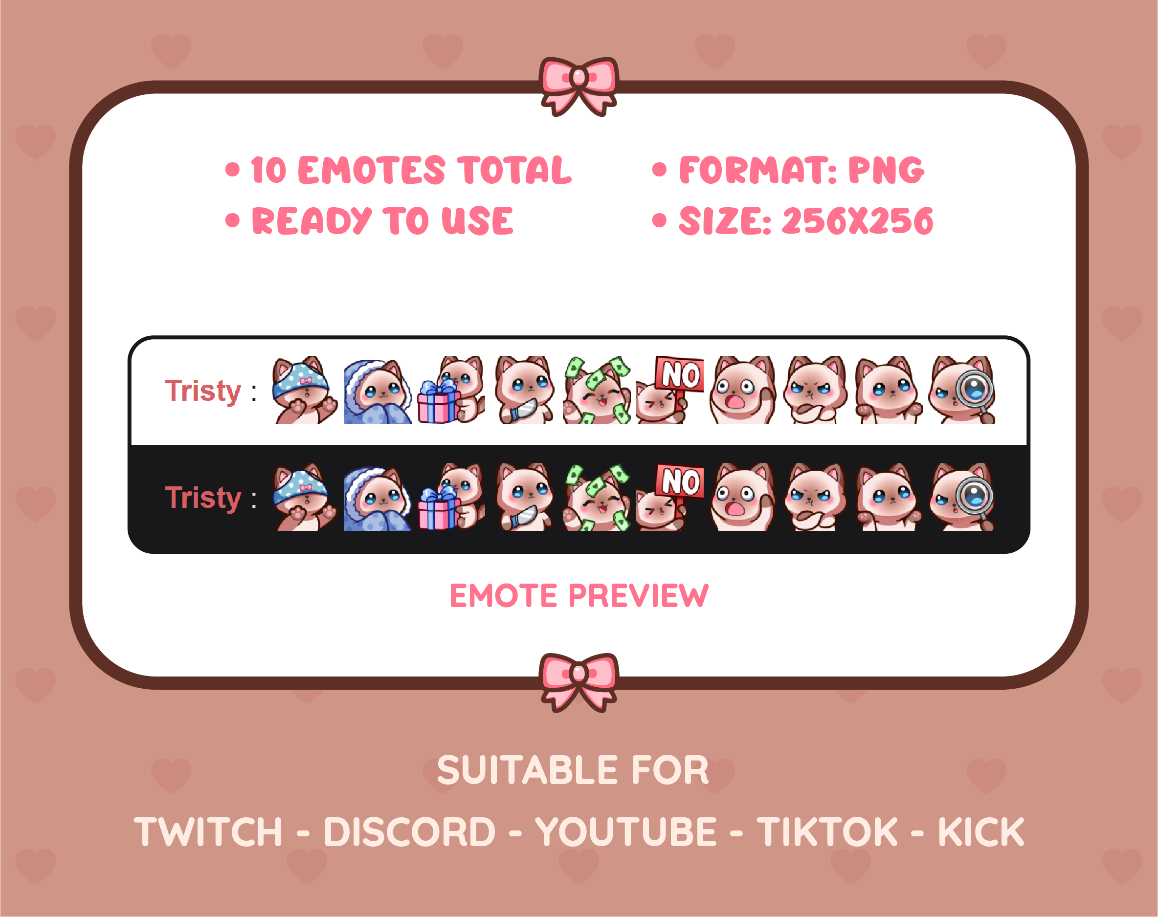 Siamese Cat Twitch emote pack preview displaying all 10 emotes with format and size information.
