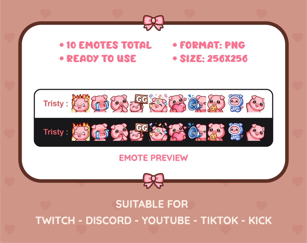 Pig Twitch emote pack preview displaying all 10 emotes with format and size information.