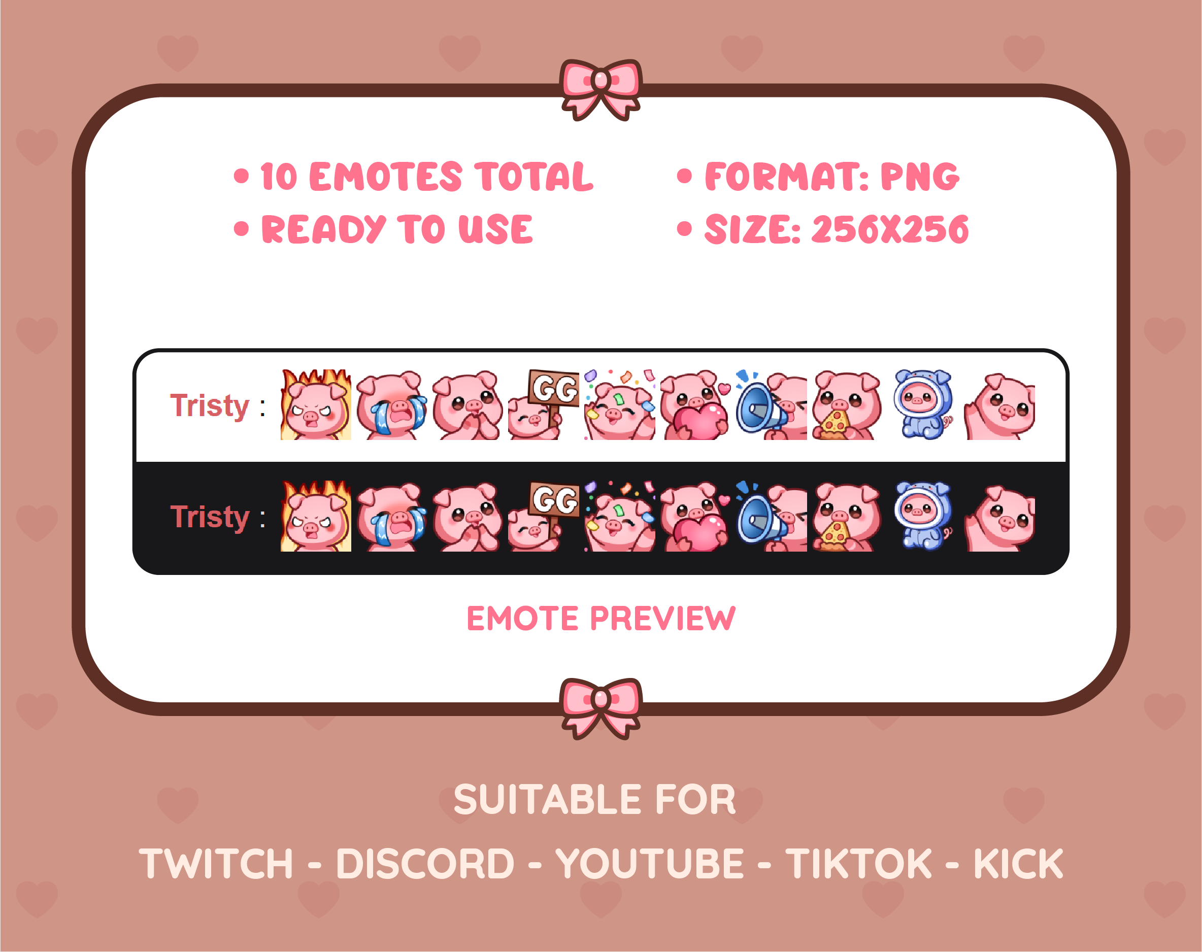 Pig Twitch emote pack preview displaying all 10 emotes with format and size information.