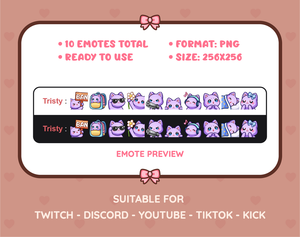Purple Cat Twitch emote pack preview displaying all 10 emotes with format and size information.