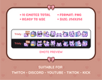 Purple Cat Twitch emote pack preview displaying all 10 emotes with format and size information.