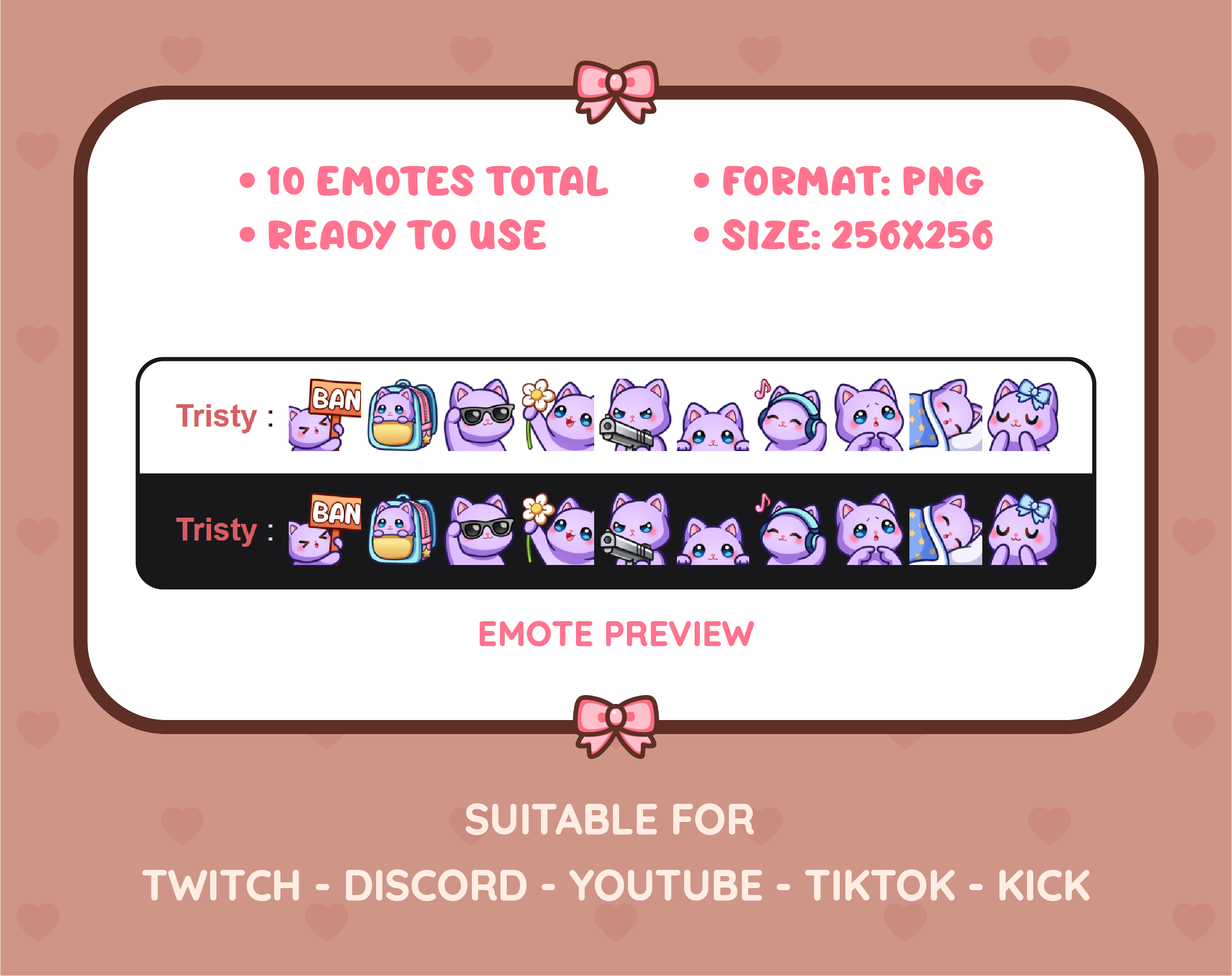 Purple Cat Twitch emote pack preview displaying all 10 emotes with format and size information.