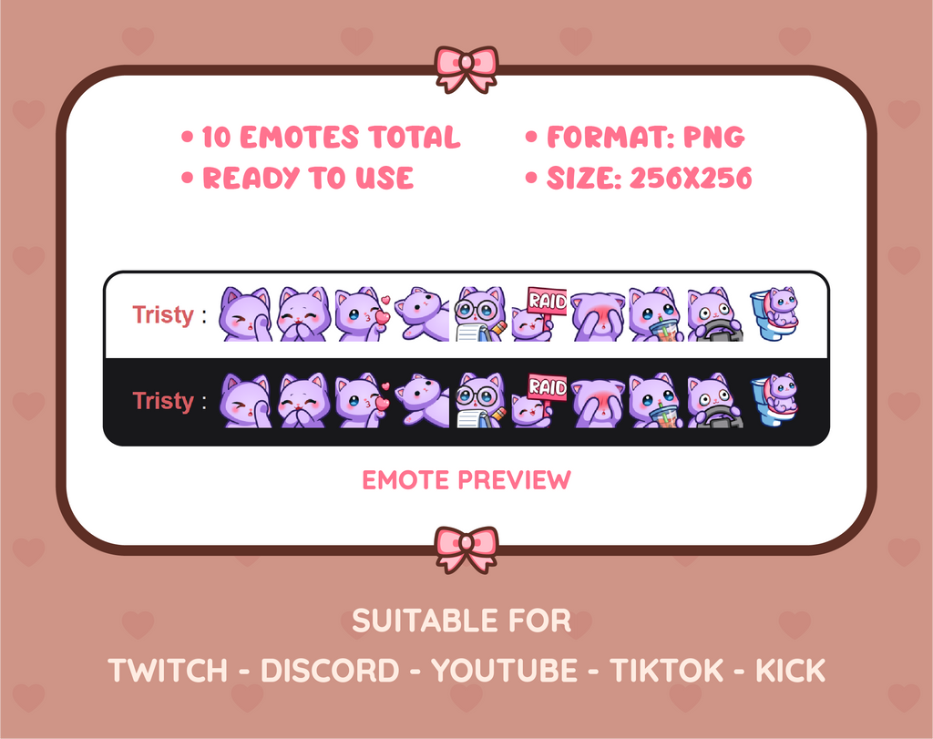 Purple Cat Twitch emote pack preview displaying all 10 emotes with format and size information.