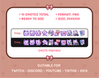 Purple Cat Twitch emote pack preview displaying all 10 emotes with format and size information.