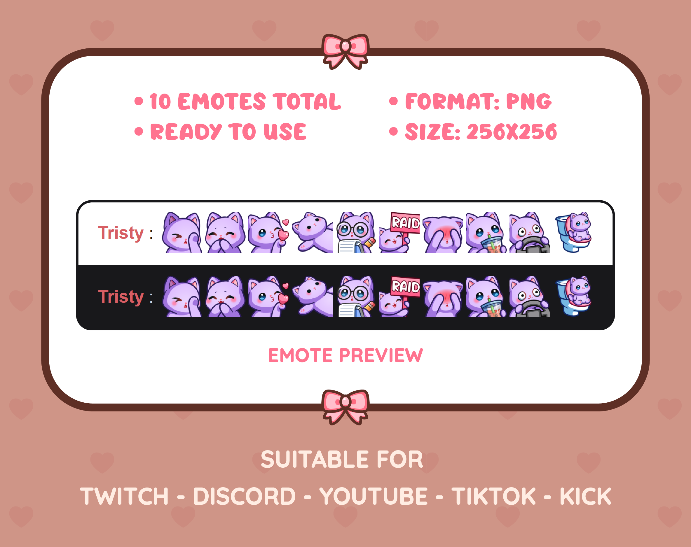 Purple Cat Twitch emote pack preview displaying all 10 emotes with format and size information.