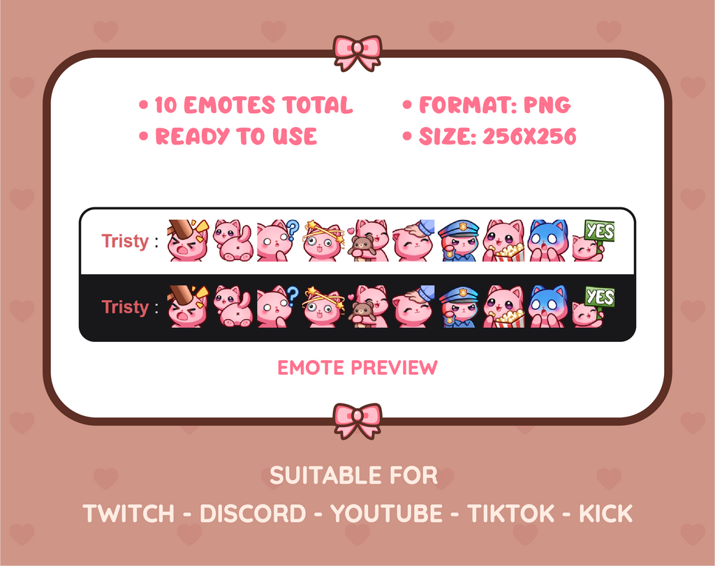 Pink Cat Twitch emote pack preview displaying all 10 emotes with format and size information.